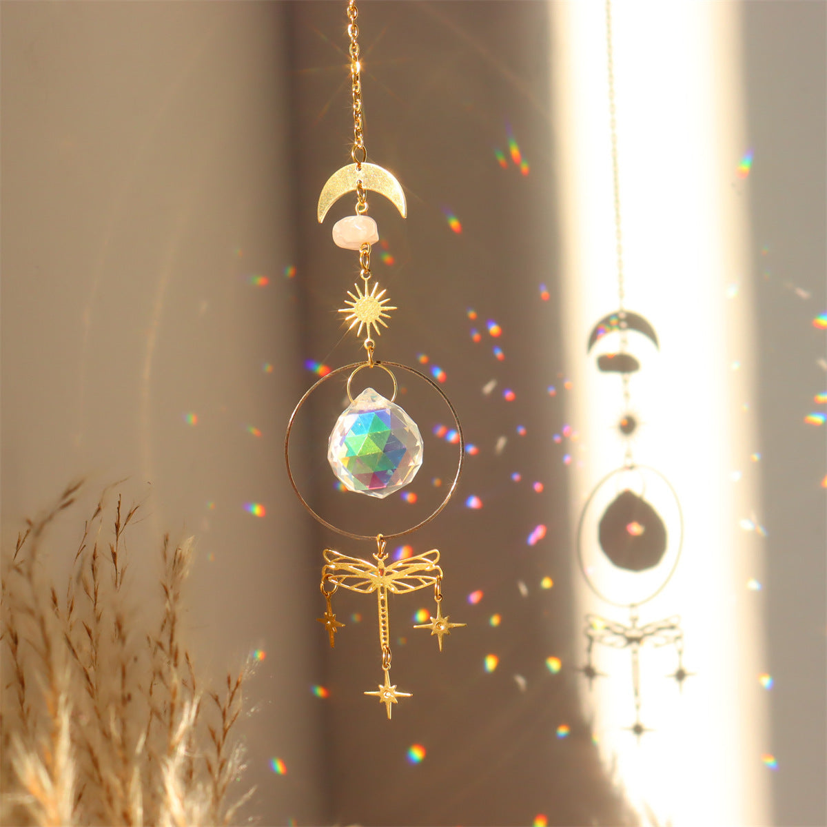Brass Butterfly Moth Crystal Sun Catcher Pink Crystal Rough Stone Window Room Decoration Hanging Ornament