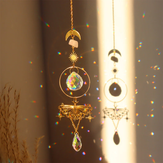 Brass Butterfly Moth Crystal Sun Catcher Pink Crystal Rough Stone Window Room Decoration Hanging Ornament